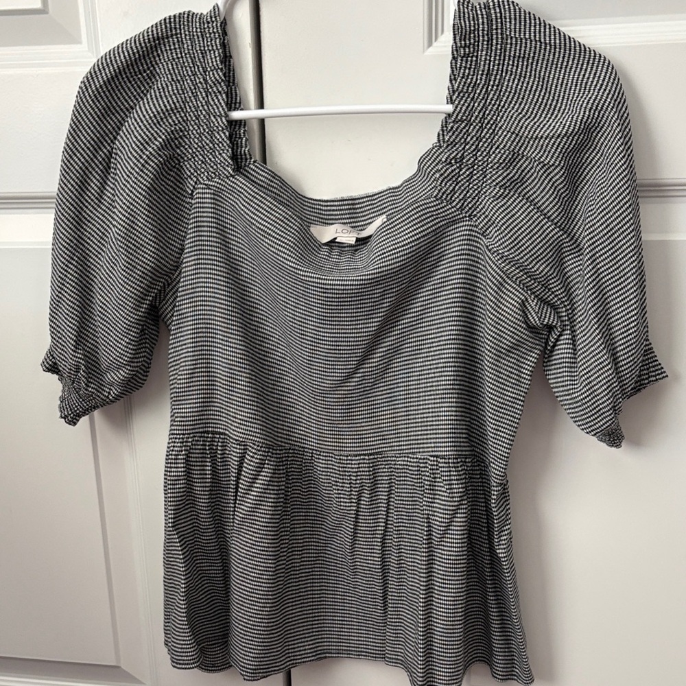 LOFT Black and White Striped Puff Sleeve Peplum Top